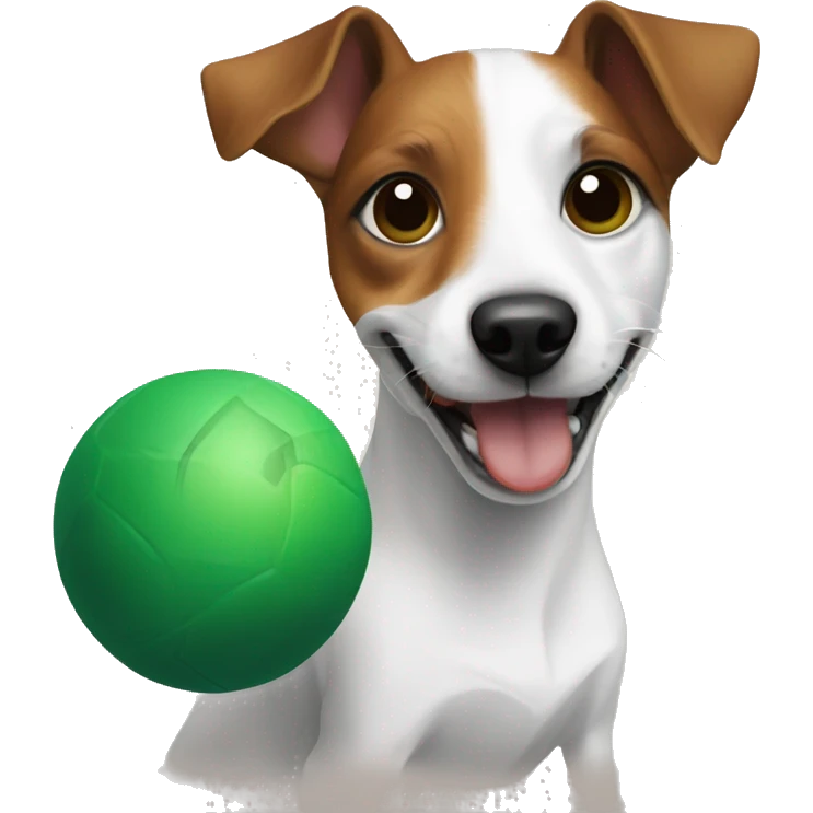 Jack Russell dog with brown eyes holds a green ball in his teeth emoji