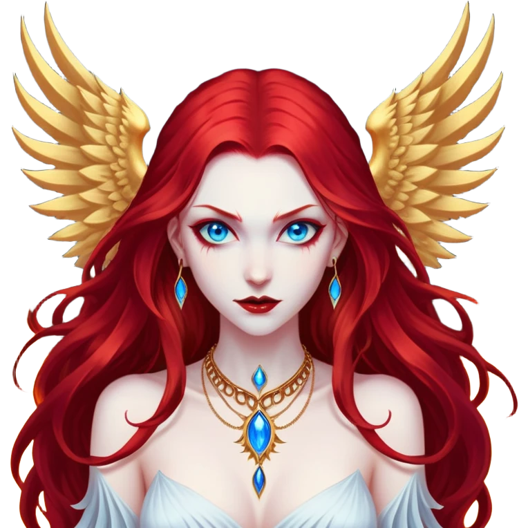 half body portrait of an extremely diabolical girl with pale white skin, massive towering wings, very long flowing blood red hair, glowing blue eyes, black hellfire aura, no horns, evil grin, gold necklace emoji