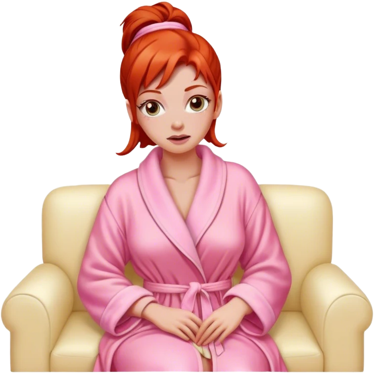 Red head woman wrapped in a pink dressing gown led on a cream sofa emoji