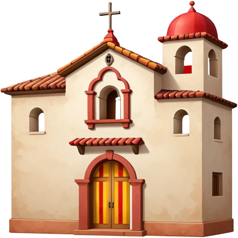 Spanish mission style house with bell tower and arches, displaying a Spanish flag (red-yellow-red horizontal stripes) hanging from a window emoji