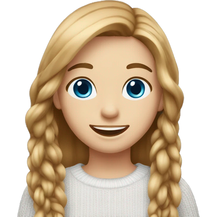  girl with long straight light-brown hair, blue eyes, wearing a white knitted top, ((cheerful, laugh)) emoji