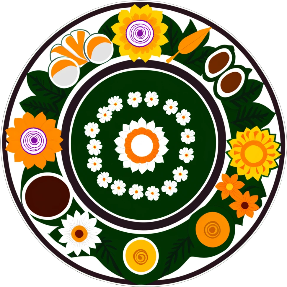 Onam celebration with pookalam flower rangoli and traditional malayali sadhya meal emoji