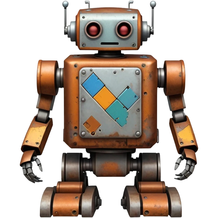 Rusted scavenger robot with patchwork body plates emoji