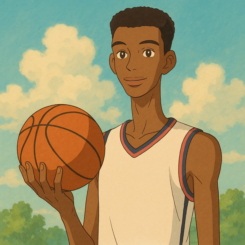 Wembanyama holding a basketball, soft colors, whimsical atmosphere, Ghibli style emoji