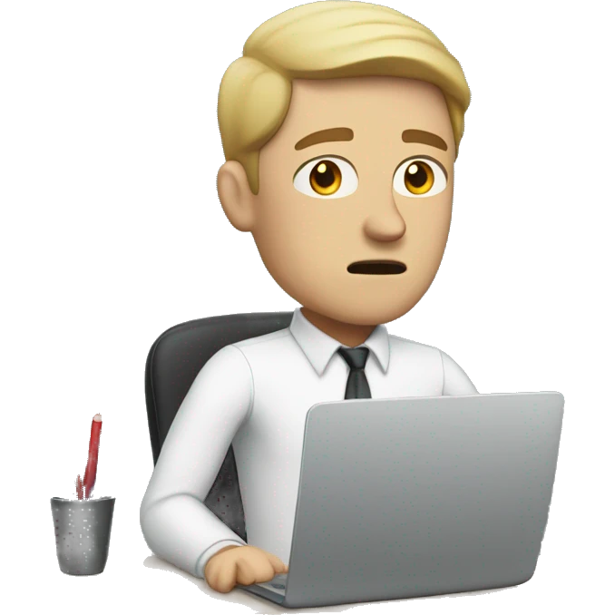 white man sitting at desk, working at computer looking frustrated emoji