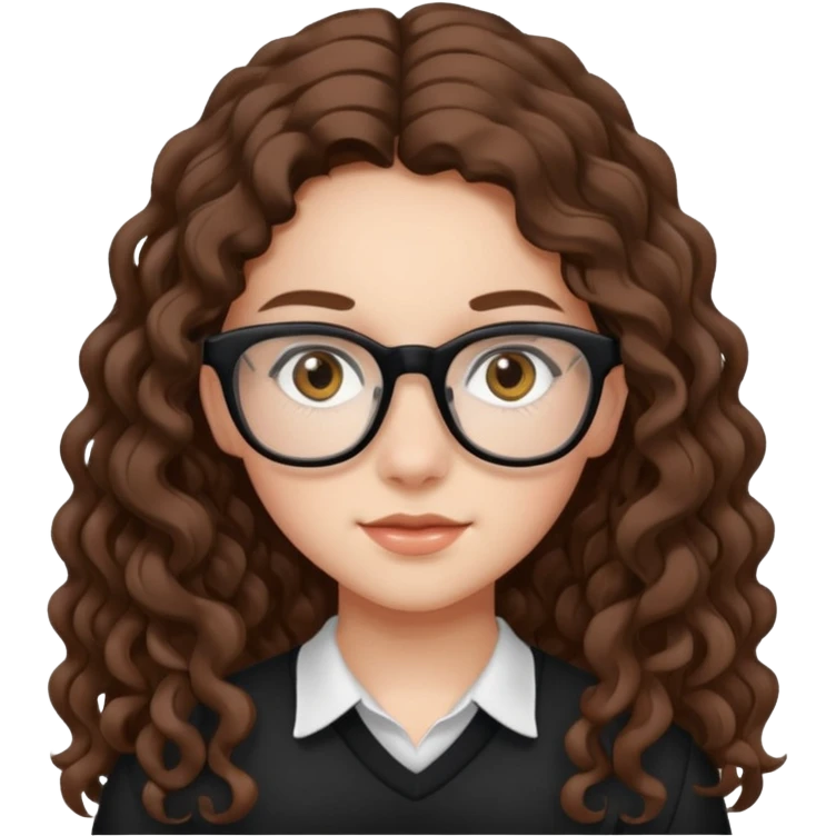 white teen girl with long brown curls, hazel eyes, and black frame glasses emoji