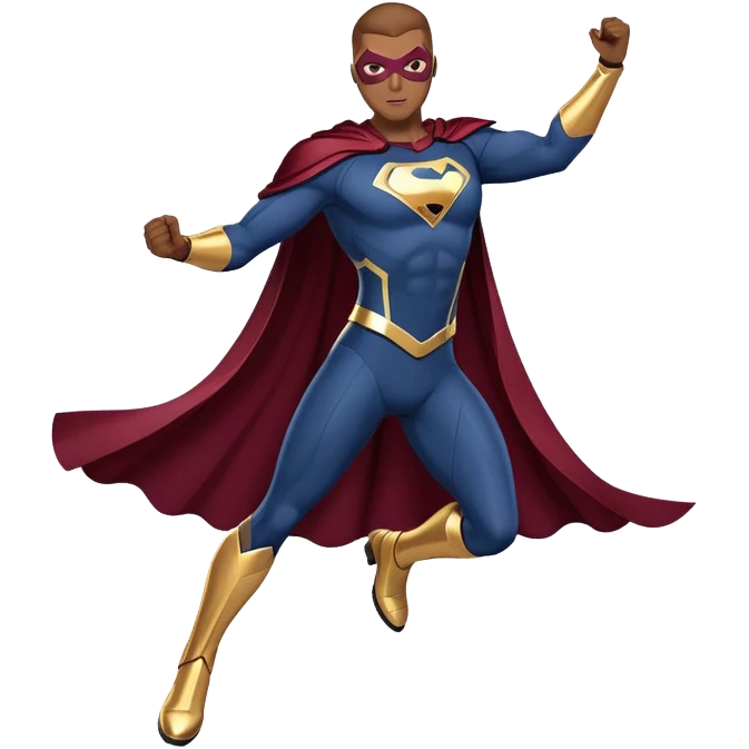 superhero in dark blue and maroon bodysuit with gold accents, digital cape, maroon boots, dynamic pose emoji