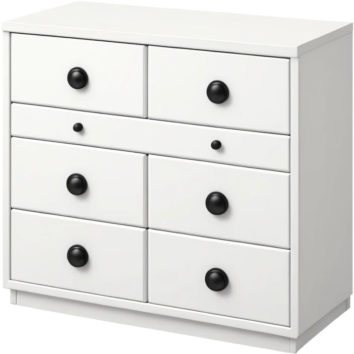 IKEA-style white 6-drawer chest with one small black knob per drawer, minimalist design emoji