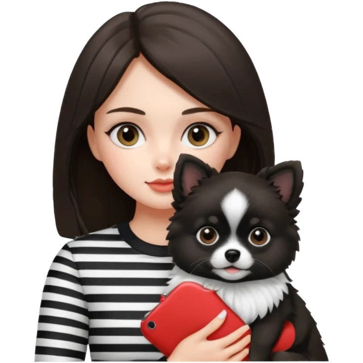 an brunette hair girl holding her black and white pomeranian dog that has white middle part in the face kinda looks like a panda emoji