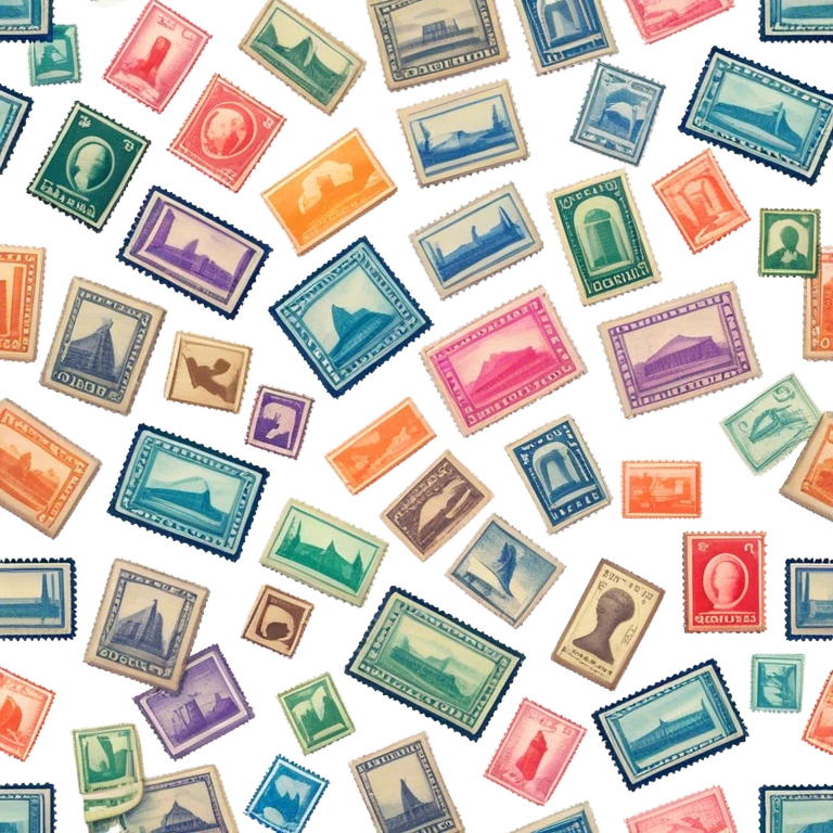 Icon for Stamp Collecting: a large stamp block in the center and a collection of vintage and colorful stamps arranged in an album or on a desk, with showcasing different themes. The icon should reflect the charm and history of philately. Transparent background. emoji
