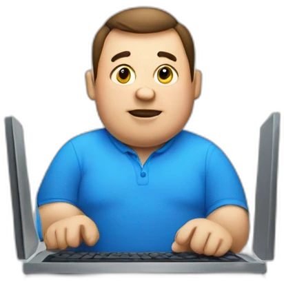 fat man in a blue shirt using a computer emoji