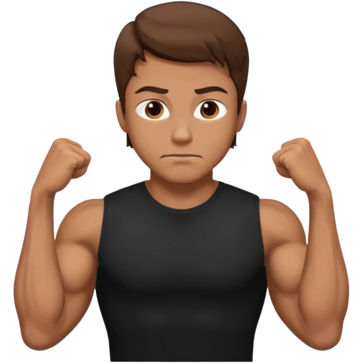 man with brown hair who is strong wearing black t shirt not smiling muscles emoji
