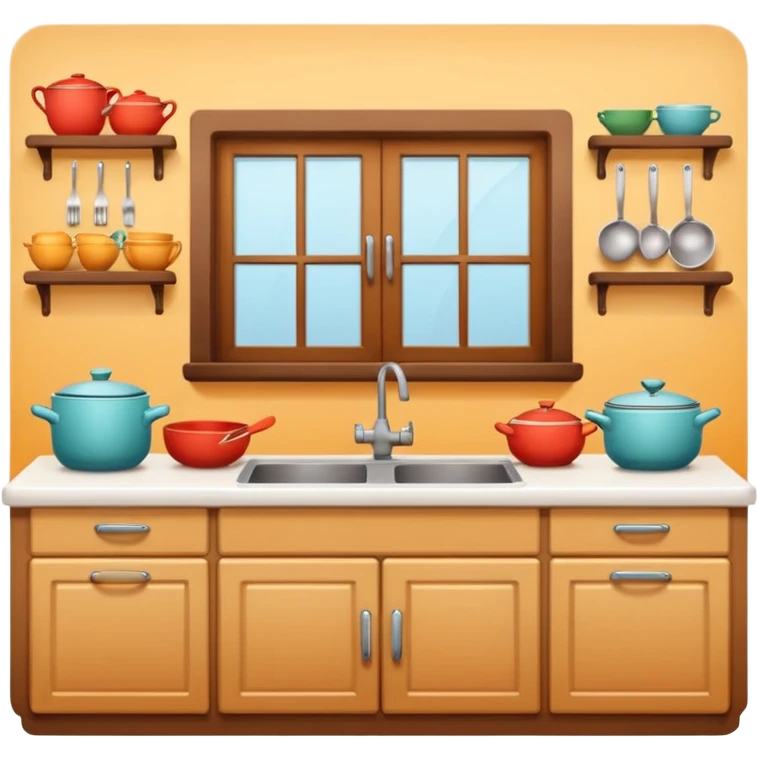 A cozy home kitchen in clean emoji-style illustration. Warm colors, simple shapes, homemade dishes on the counter, friendly atmosphere, flat design, high contrast, clear outlines. emoji