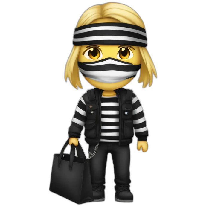 robber with semi long blonde hair wearing a black beanie and a long sleeved white and black horizontally striped t-shirt and wearing black eye mask and a bag of money in his shoulder emoji