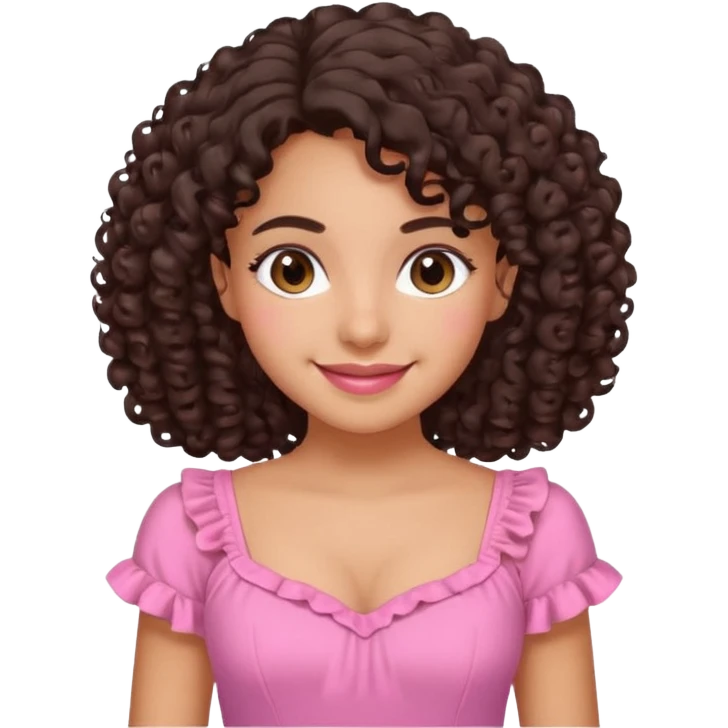 An emoji of a Latina girl with curly hair and a cute smile, she's wearing a pink dress, her name is ellazulis. emoji