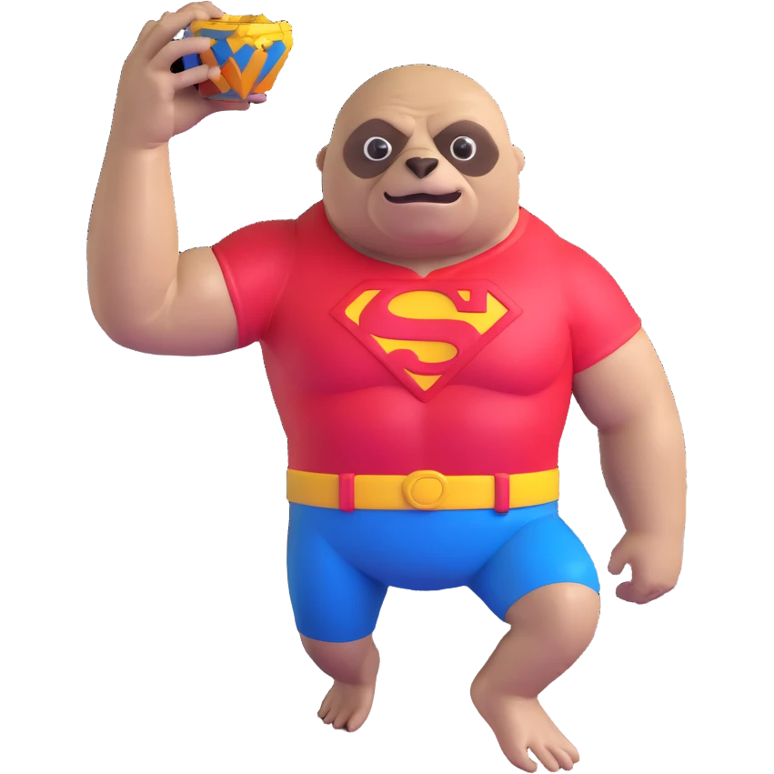 Sloth from The Goonies, muscular friendly man with distorted face, large eye, wearing red Superman shirt in a cave with treasure emoji