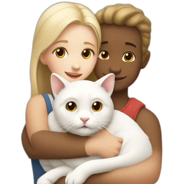 Girl and boy hugs two white cats emoji