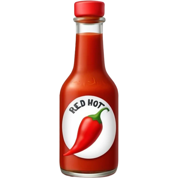 glass bottle of red hot sauce with small chili icon on label emoji
