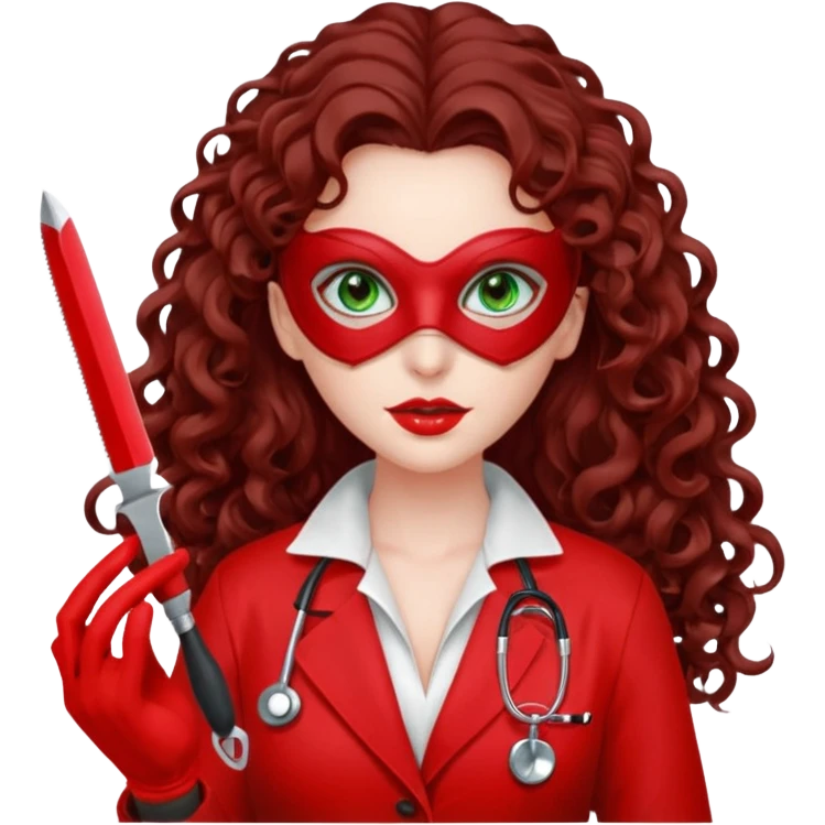 Lilith sexy evil woman. She has green eyes.  had brown long curly hair.  evil surgeon kills with scalpel wears red sexy doctor coat with red long mouth cover red gloves.  emoji