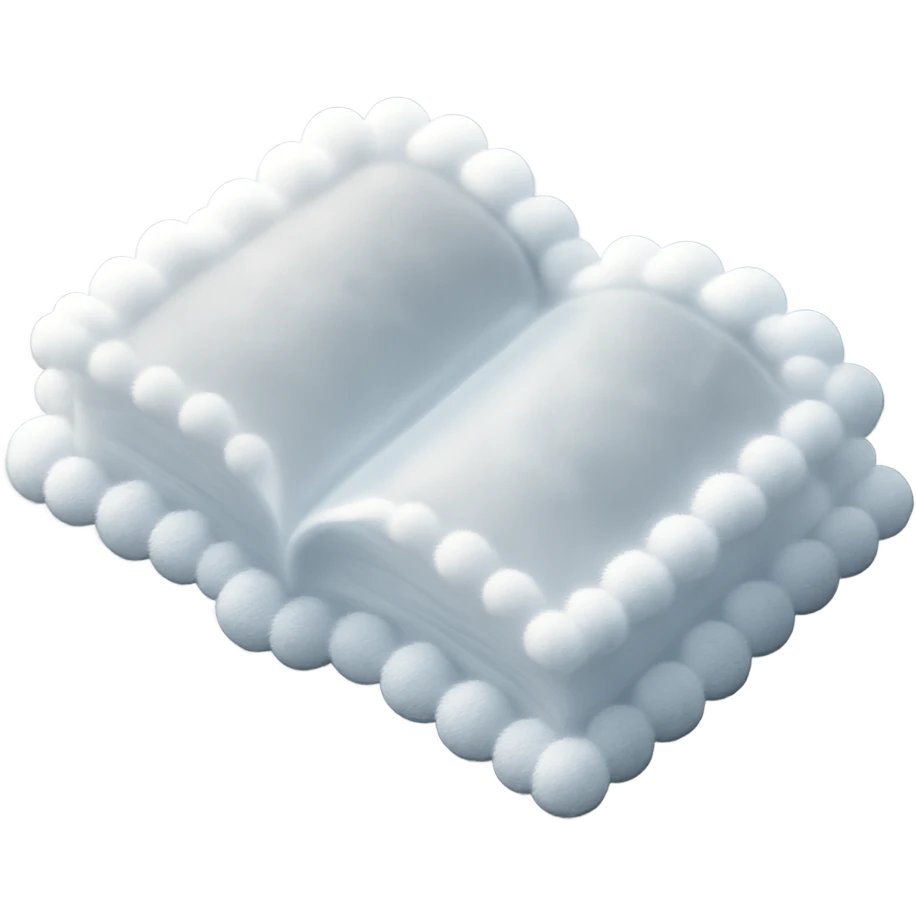 top view of a thick open book made entirely of small, very bright white fluffy convex clouds, matte glass style emoji