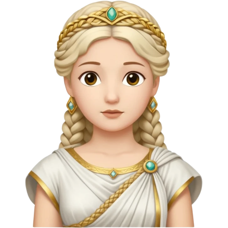 An emoji portrait of an ancient Roman princess. She wears a white stola dress with a gold-trimmed palla draped over her shoulders. She has an intricate braided hairstyle adorned with a delicate gold diadem. Her expression is calm and dignified. emoji