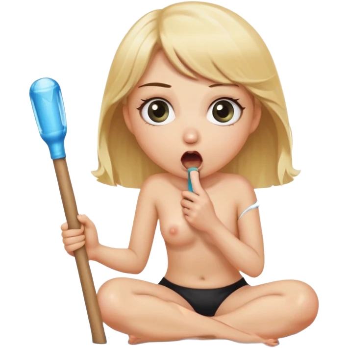 blond woman sitting on her knees with wide eyes, holding a wide skin-colored stick with a D-shaped knob, the knob has skin texture, water squirting from the flat side of the knob into her mouth, shocked face emoji