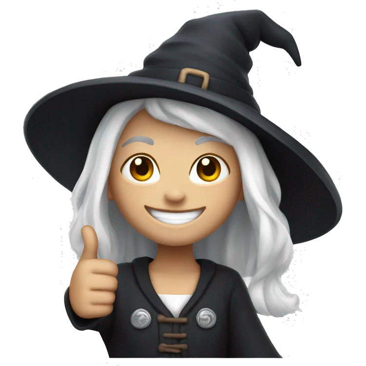Young witch with white hair, white skin and cap, thumbs up   emoji