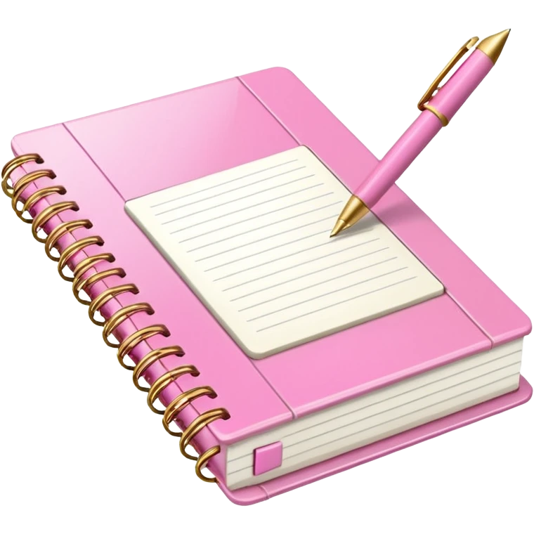 Notebook, gold and pink and white. angled view. with pen emoji