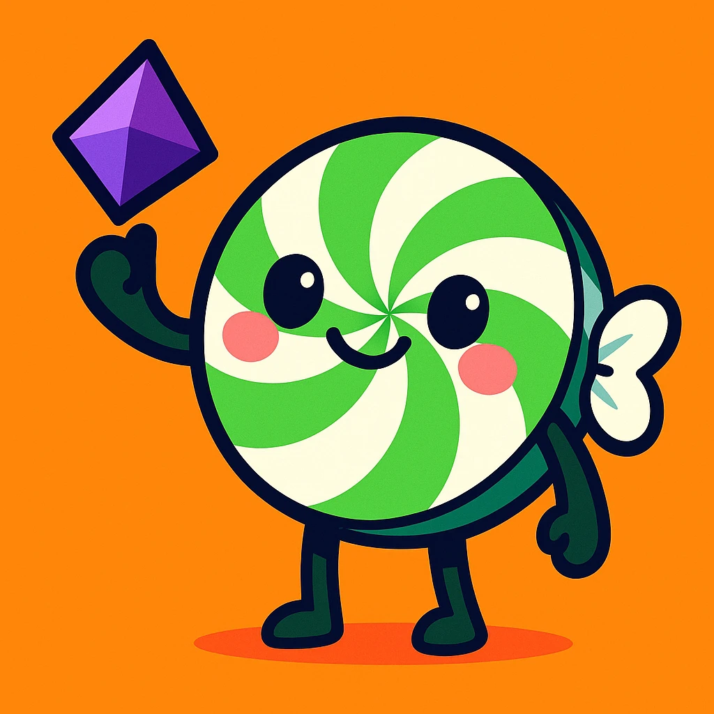 adorable spearmint candy with a smiling face holding a Twitch bit, vibrant toon style emoji