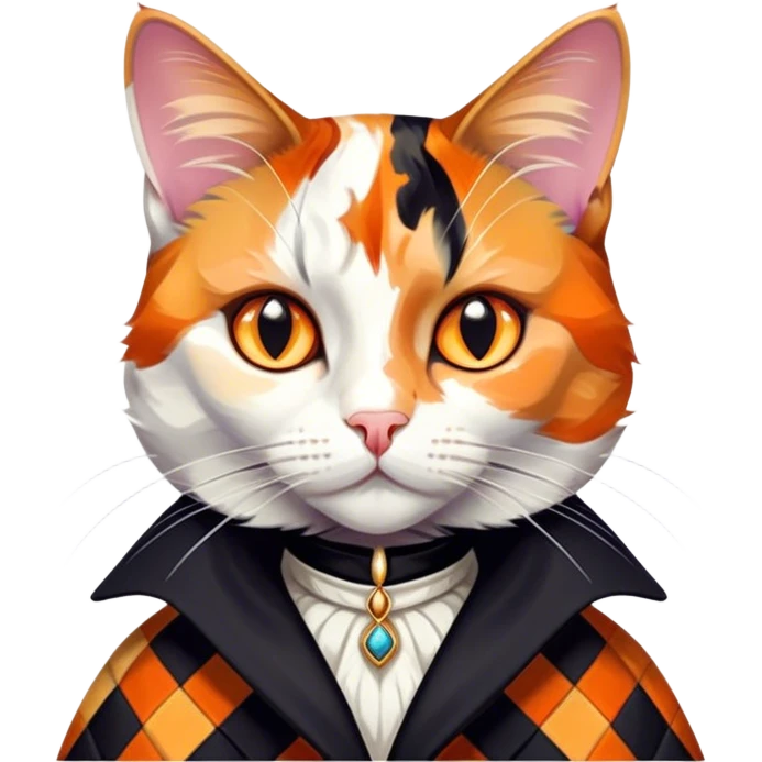 Cinematic Noble Calico Cat Portrait Emoji, Poised and regal, with a striking patchwork coat in vibrant orange, black, and white hues, delicate whiskers and a refined, focused gaze, simplified yet exquisitely detailed, glowing with a soft, moonlit radiance and an air of aristocratic elegance, high shine, exuding dignified intelligence and poised authority, soft glowing outline, capturing the essence of a watchful and noble calico cat that appears ready to grace the screen with effortless majesty! emoji