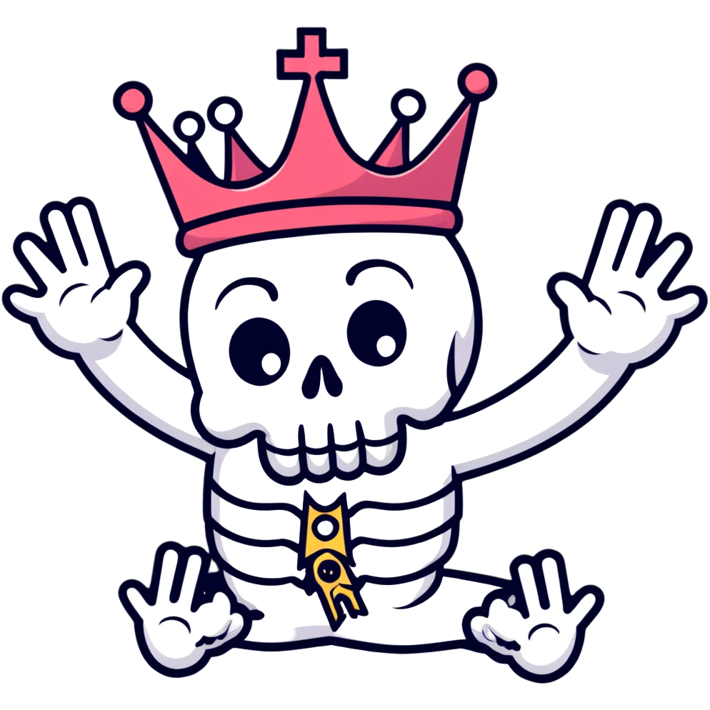 shocked skull with crown, hands raised to head in disbelief, black and white emoji