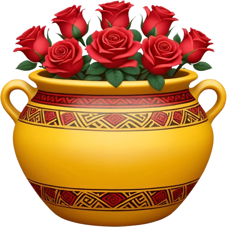 Yellow ceramic pot with red roses; the pot is decorated in an ethnic style. emoji