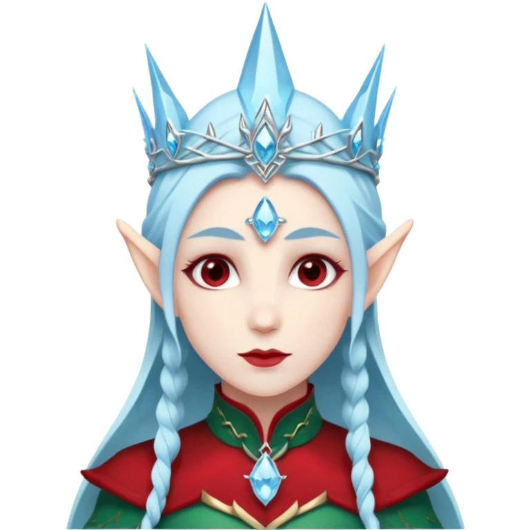 Fantasy elf portrait emoji, icy blue crystal crown with deep red accents, elegant elven features, cold noble winter expression, ice and crimson color palette, minimal clean design, flat readable emoji style, male/female variant emoji