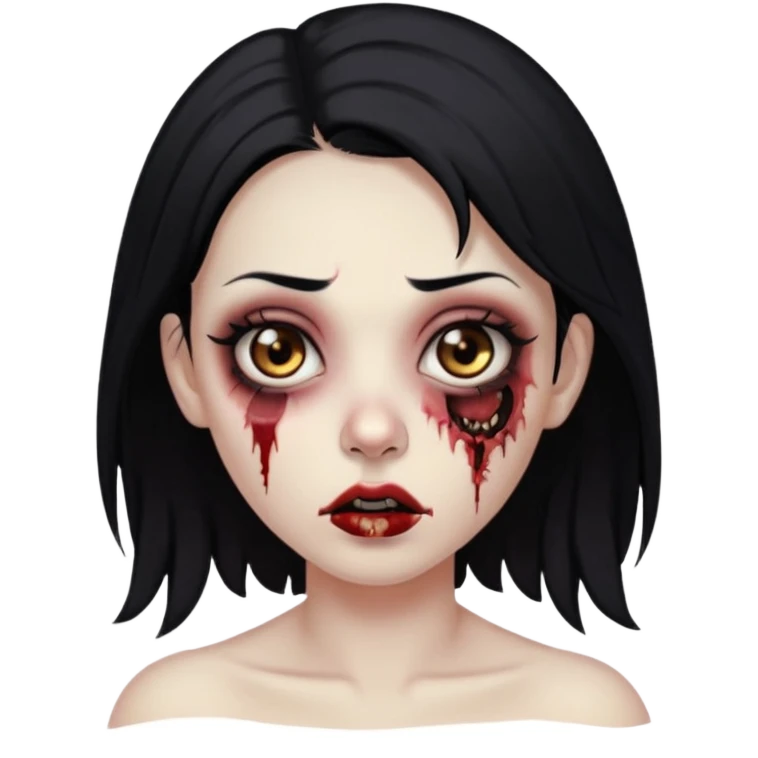 Make an emoji of a zombie woman with black hair, almond-shaped brown eyes and a labret piercing on her left lip. emoji