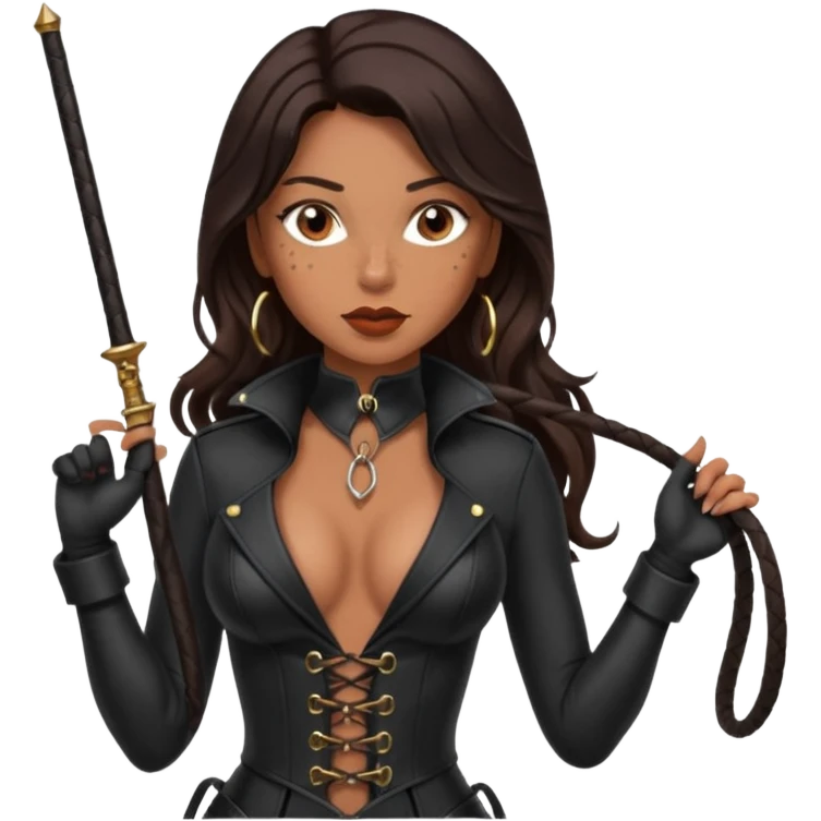 Tan skin with freckles, long dark hair, hazel eyes Dominatrix with a whip emoji