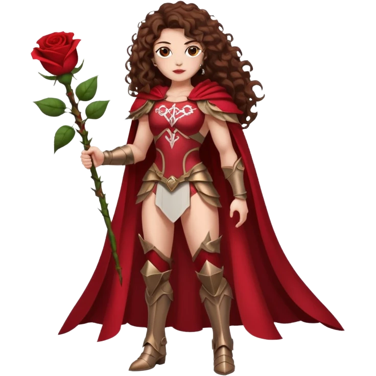 full body woman long curly brown hair brown eyes white skin tattoos muscular build rose thorn armor and petal cape emoji