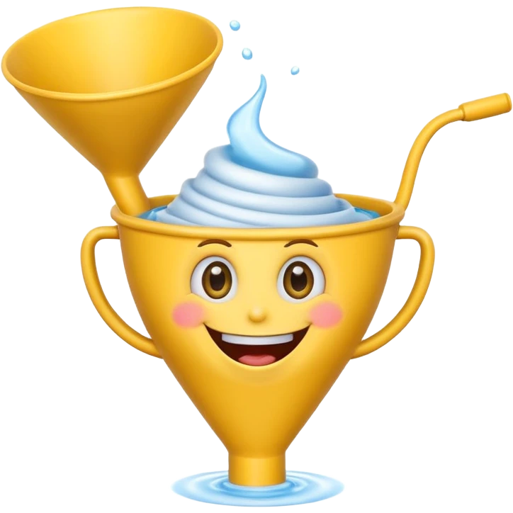 Crazy laughing emoji with an upside-down kitchen funnel on its head (not a hat), wide smile, big eyes, cartoon emoji style, bright colors. emoji