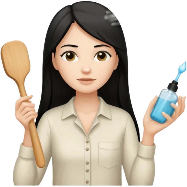 A white woman with long, straight black hair, wearing an ivory-colored shirt, holding a small square wooden paddle hairbrush in her left hand and spraying a hair mist bottle with her right hand toward her hair. emoji