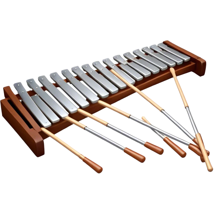 Create a detailed and professional emoji representing a Fleet FLT-SX37 long orchestral wooden xylophone. The design should showcase the large wooden bars of the xylophone, arranged in a traditional setup, with soft metallic accents on the mallets. The bars should have a rich wood texture, with polished details to reflect the quality of the instrument. The mallets should be held above the bars, with the heads clearly visible. Use warm, rich wood tones like mahogany and light brown, with silver or metallic accents for the mallets. Add subtle musical notes floating above the xylophone to emphasize its melodic sound. The background should be transparent. emoji