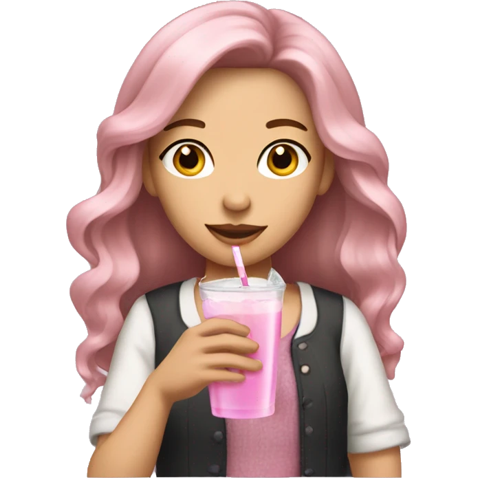  brunette girl with long hair and light pink hair bows and clothes holding a drink emoji