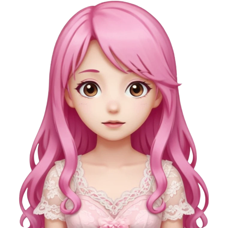 pastel anime woman with pink and white lace dress full body and long hair in a rose garden background emoji