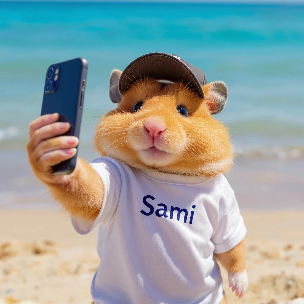 Orange tabby hamster in a t-shirt saying "Sami" and cap taking selfies against the background of beach and blue sea, shot with an 85 mm f/11 lens, ISO 100, 8K RAW, no blur emoji