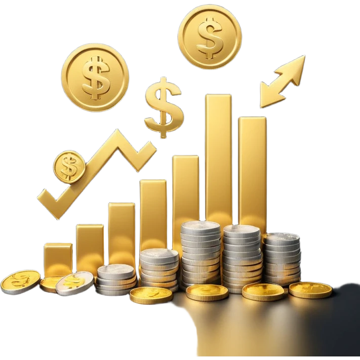 3D emoji-style bar chart showing $10K → $800 and $20K → $1,600 returns, coins and dollar signs flying upward, minimalist light background emoji