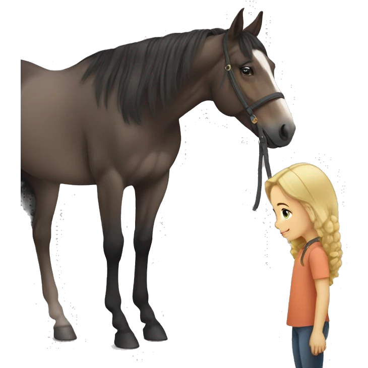 girl standing next to a cute horse while petting it emoji