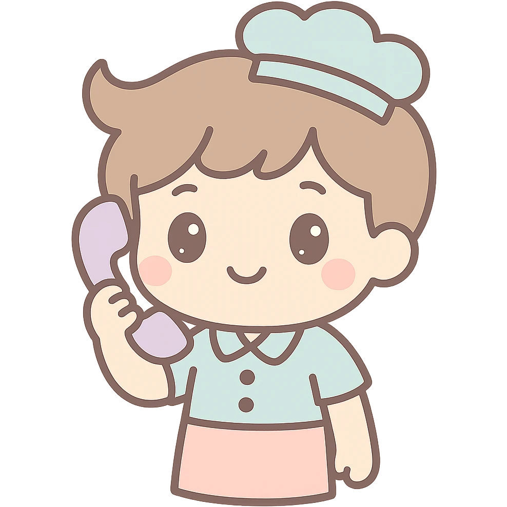 Make the waiter answer the phone, picture taken from the waist up, same kawaii chibi anime style, flat pastel colors, thick outlines, simple cute features, transparent background. emoji