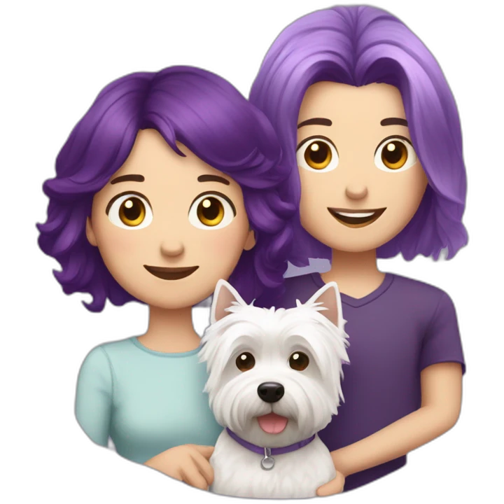 Family picture woman with purple hair, aduld son with dark brown hair and cute West Highland White Terrier emoji