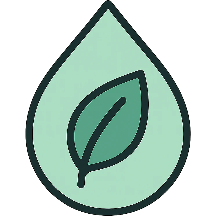 Skeuomorphic water conservation icon with mint green #B5F4D3 and black #111111 color scheme, showing a water droplet with leaf inside, clean symmetric design with subtle depth and soft light emoji
