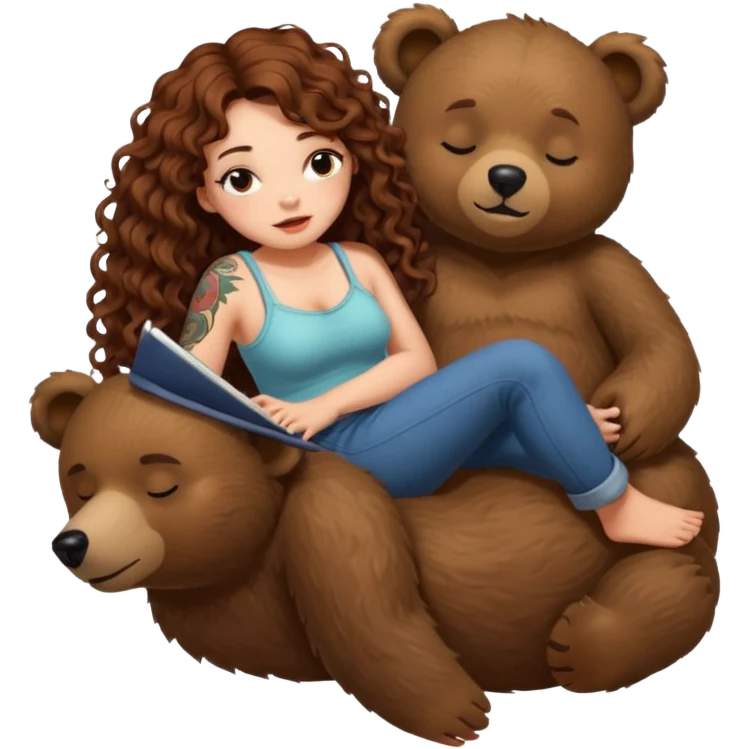 cute woman long curly brown hair tattoos riding sleepy bear emoji