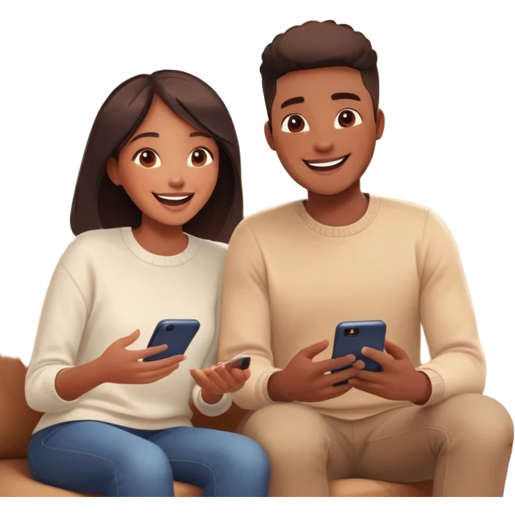 "A realistic digital illustration of two people engaged in a lively video chat on their smartphones or computers. They appear excited and happy while talking to each other. The screen of the devices shows their faces clearly, emphasizing interaction and connection. The background is blurred but suggests a cozy home environment. The image should convey a sense of fun, engagement, and new connections." emoji