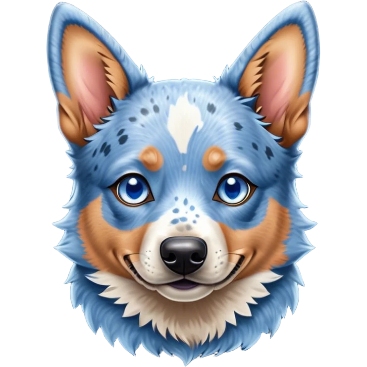 Cinematic Cute Blue Speckle Australian Cattle Dog Portrait Emoji, Head tilted playfully and inquisitively, featuring a vibrant blue speckle Fur with dynamic patterns, round, sparkling blue eyes filled with curiosity, Simplified yet irresistibly adorable features, highly detailed, glowing with a warm, friendly glow, high shine, affectionate and energetic, stylized with a touch of whimsy, bright and endearing, soft glowing outline, capturing the essence of a mischievous yet loving pup, so playful it feels like it could bound out of the screen and into your arms! emoji